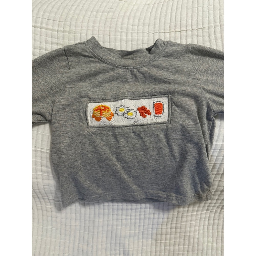 Busy Bees Smocks Boys Gray Breakfast Smocked T-Shirt 12M Long Sleeve Tee